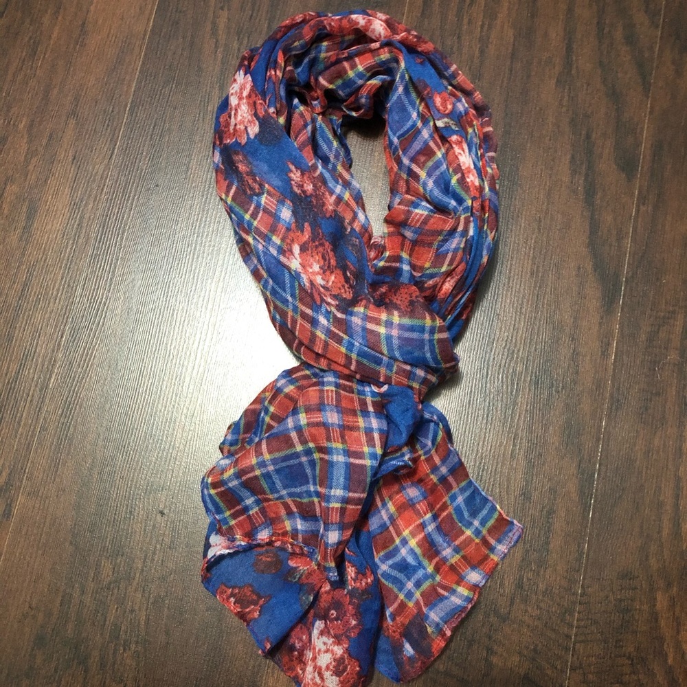 Blue scarf with red rose pattern